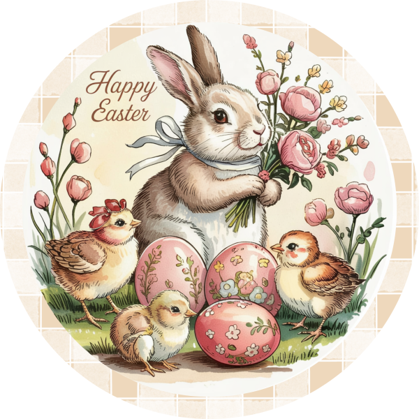 Happy Easter Bunny with Chicks and Eggs Metal Sign - Made In USA Fashion