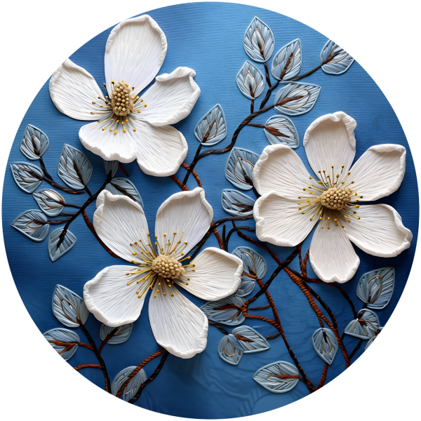 Blue and White Embroidered Flower Metal Sign - Made in USA For Sale