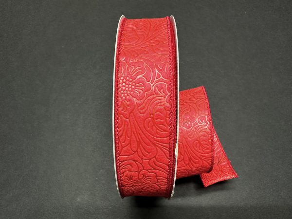 Red Flower Embossed Wired Ribbon - 1-1 2 Inch x 50 Yards Cheap