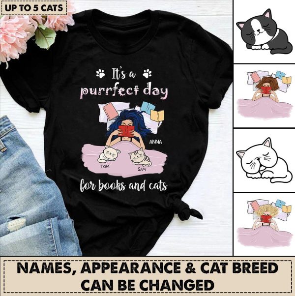 It s A Purrfect Day For Books And Cats Personalized Shirt, Personalized Gift for Cat Lovers, Cat Mom, Cat Dad - TS160PS02 on Sale