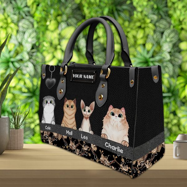 Cat Black Heart With Golden Pattern Personalized Leather Handbag, Personalized Gift for Cat Lovers, Cat Mom, Cat Dad - LD058PS07 Hot on Sale - Image 2